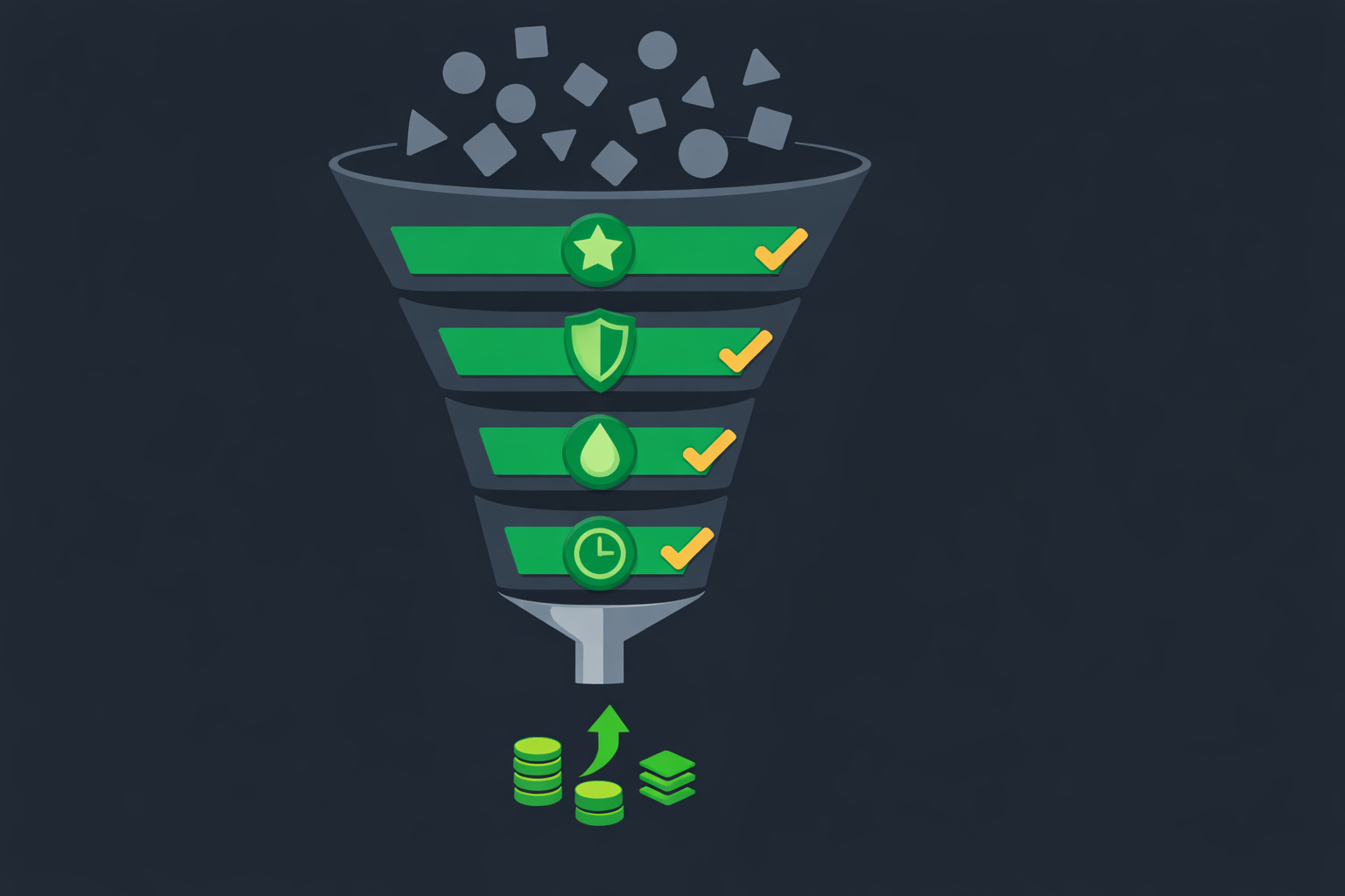 Minimalist illustration showing a checklist with key validation gates and approval checkmarks in WSY green palette