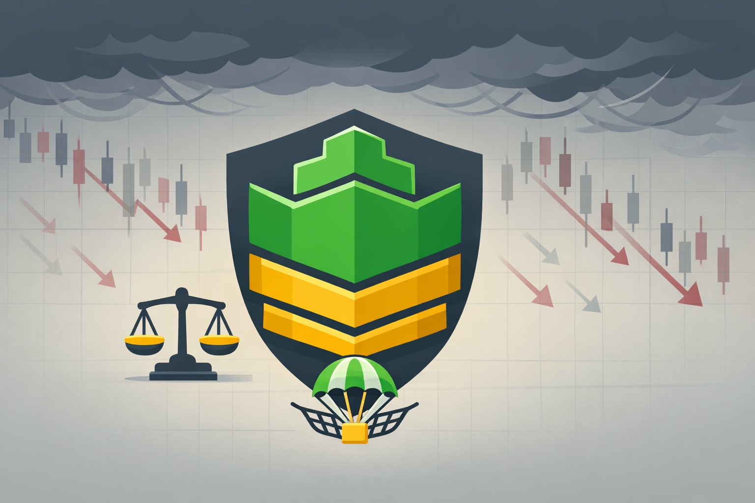 Minimalist flat illustration showing protective option structures shielding capital during market decline in WSY green palette