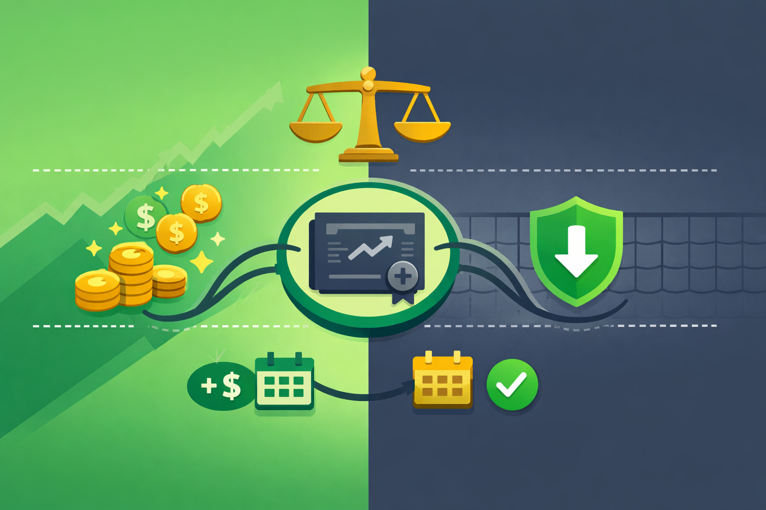 Minimalist illustration showing balanced income generation and downside protection with options in WSY green palette