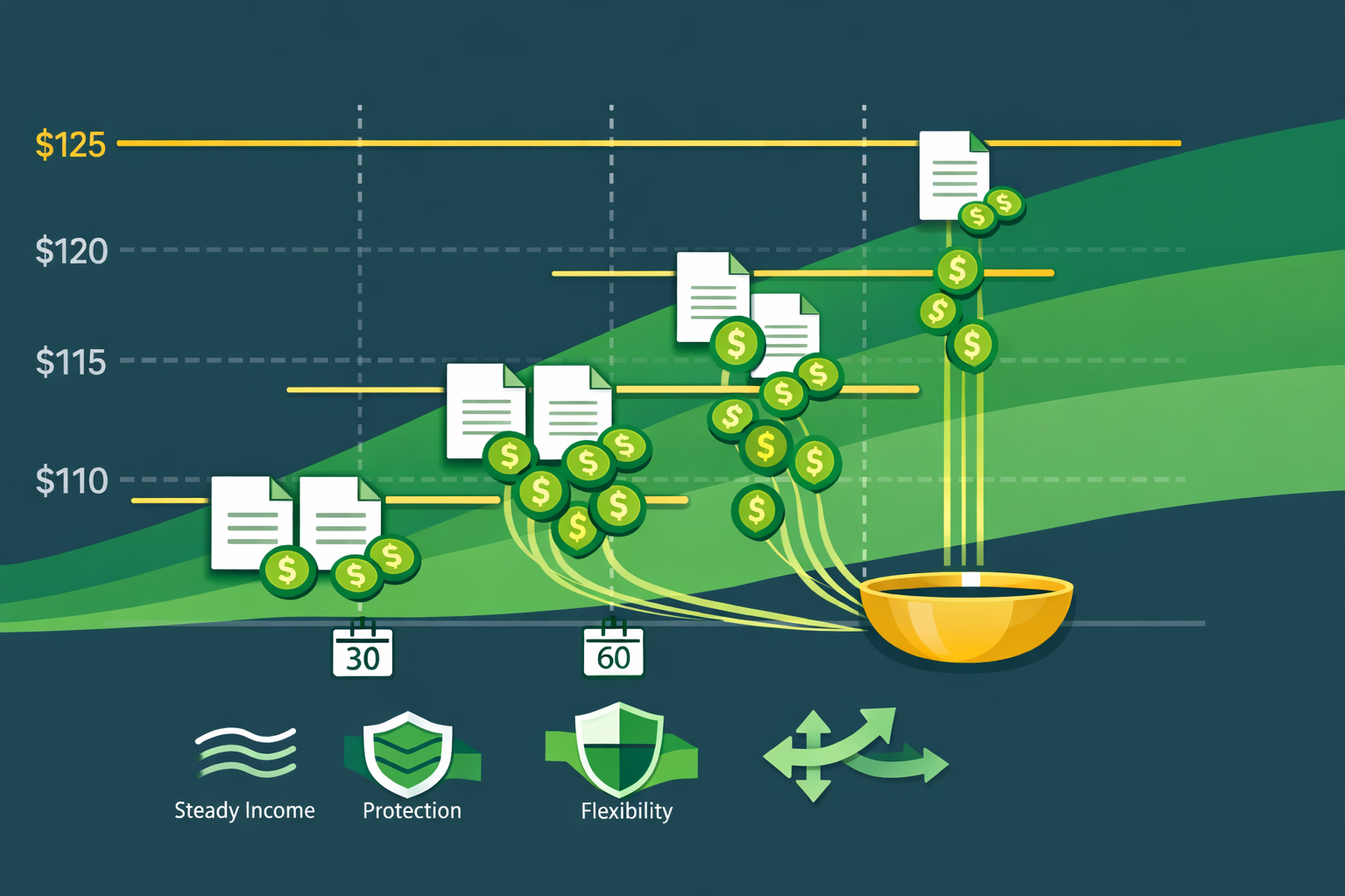 Staggered covered call expirations creating smooth income flow in WSY green palette