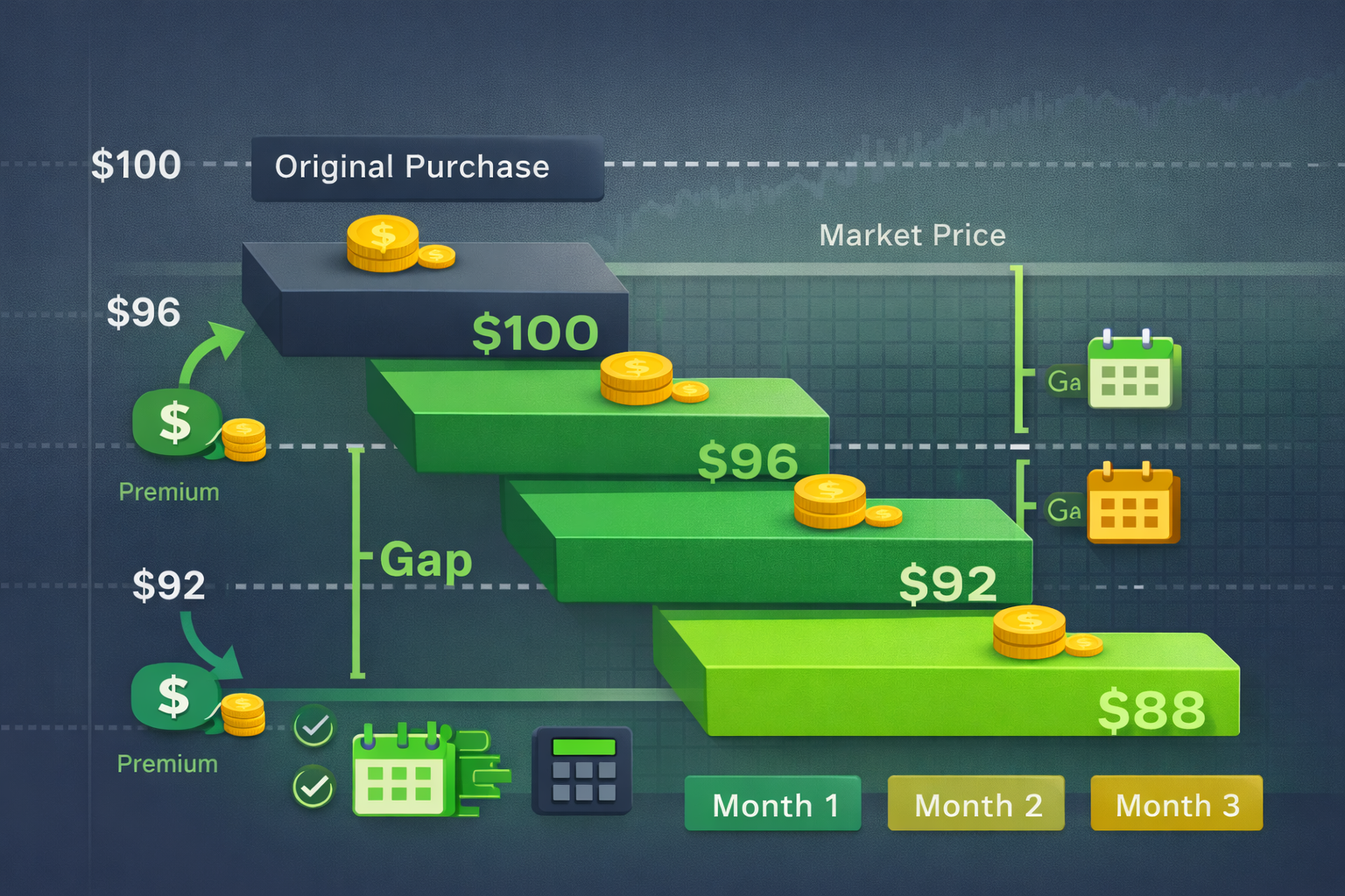 Minimalist illustration showing decreasing cost basis through option premiums in WSY green palette