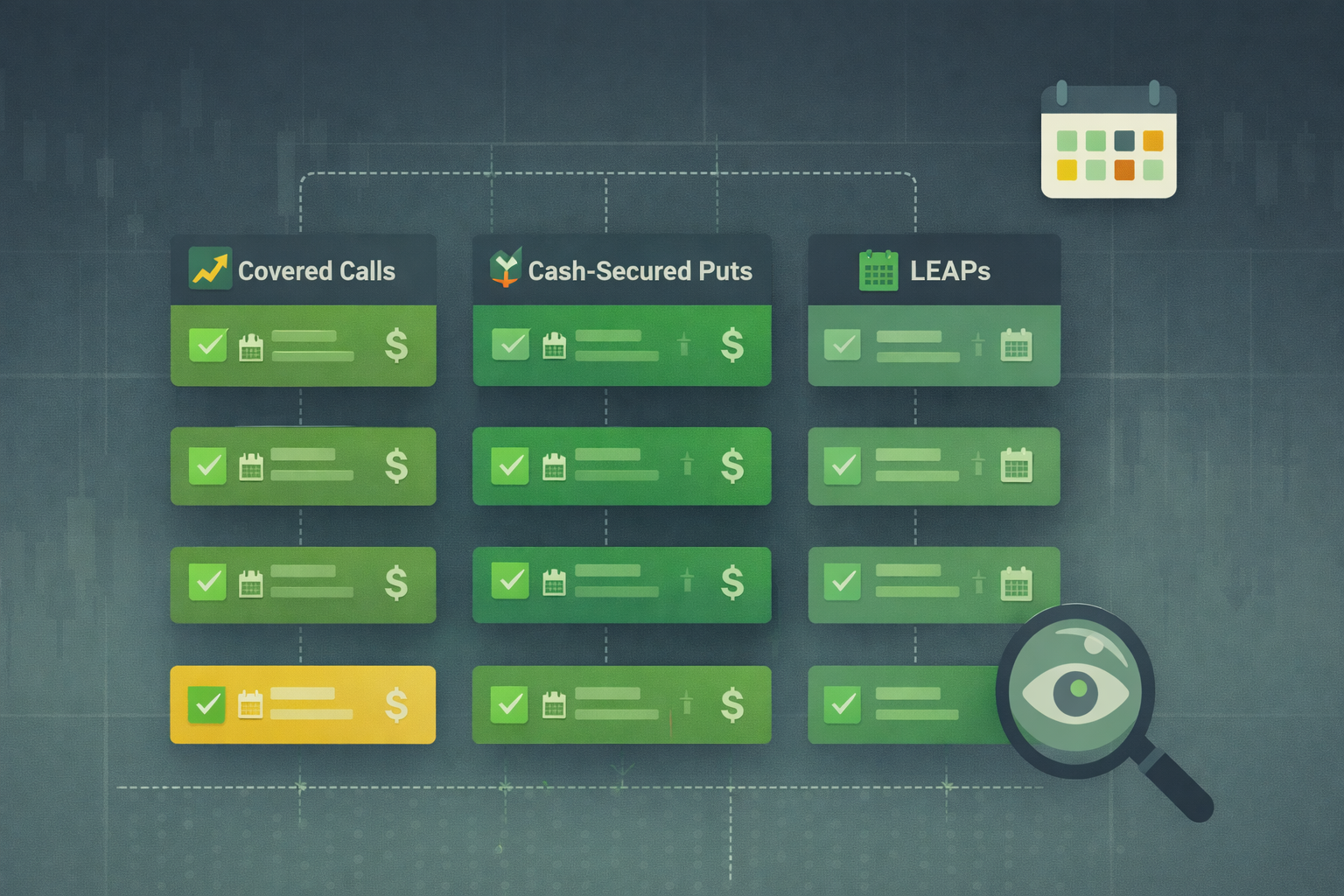 Minimalist flat illustration showing organized layers of option contracts with tracking elements in WSY green palette