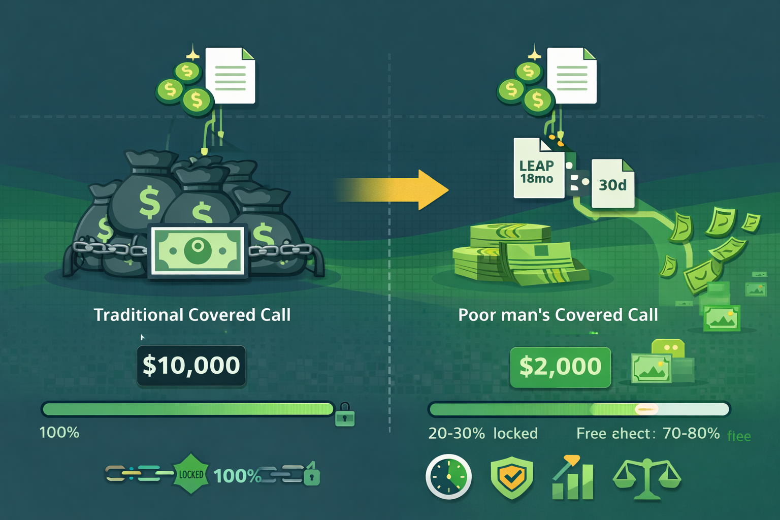Visual showing LEAPs plus short calls creating income with less capital in WSY green palette