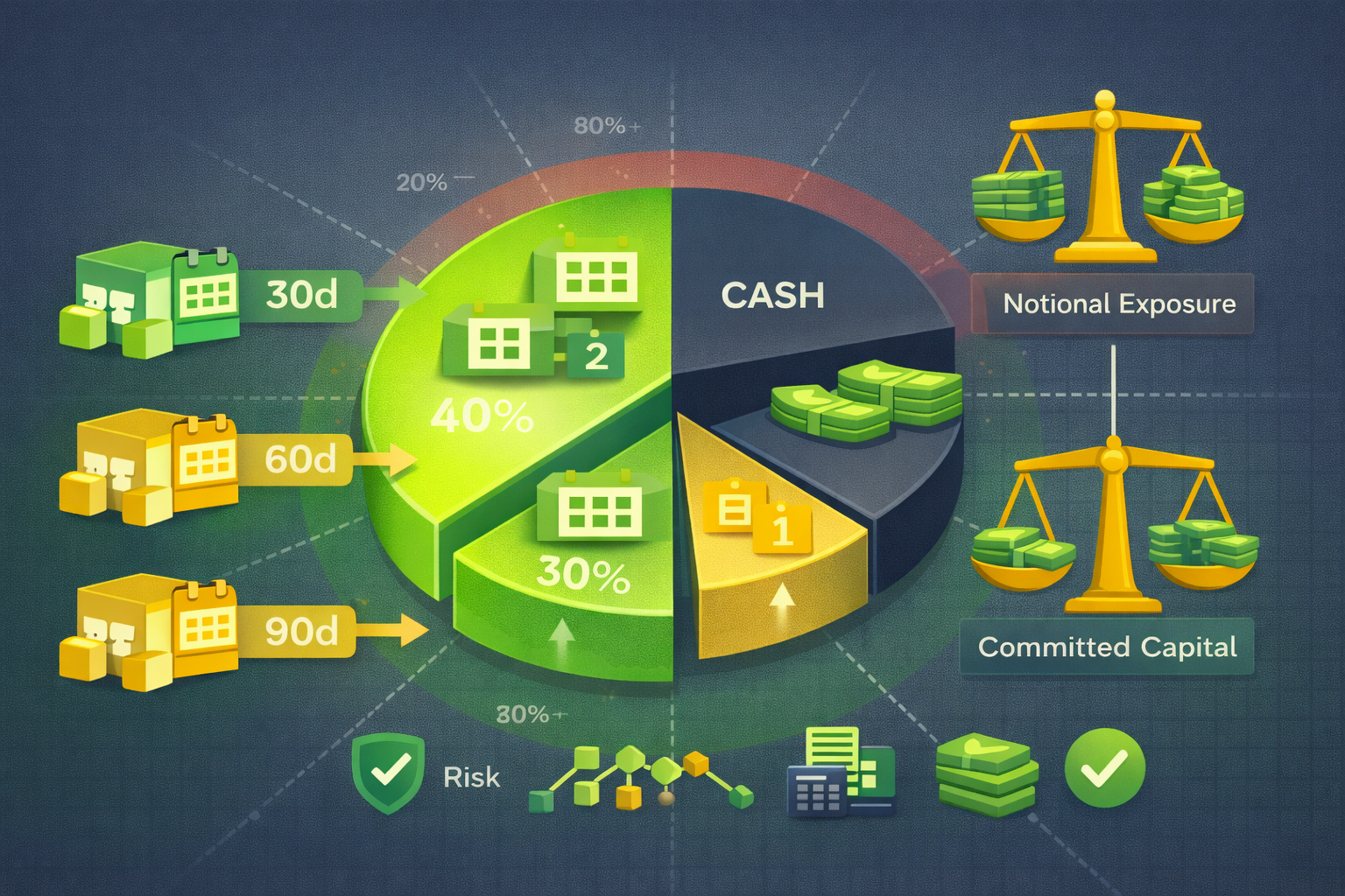 Minimalist illustration showing balanced portfolio allocation across multiple option contracts in WSY green palette