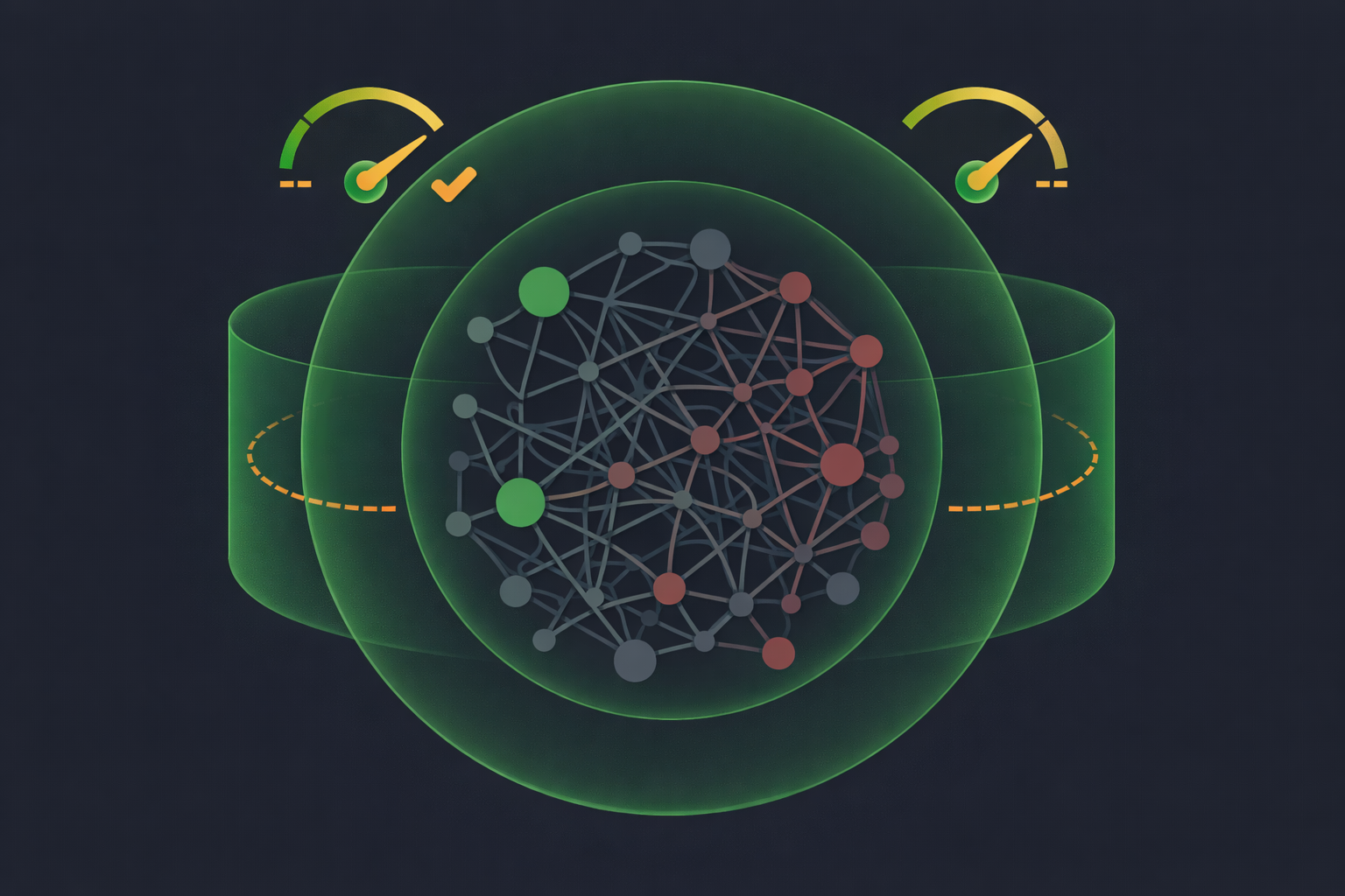 Minimalist illustration showing interconnected options structures with safety gauges and risk meters in WSY green palette