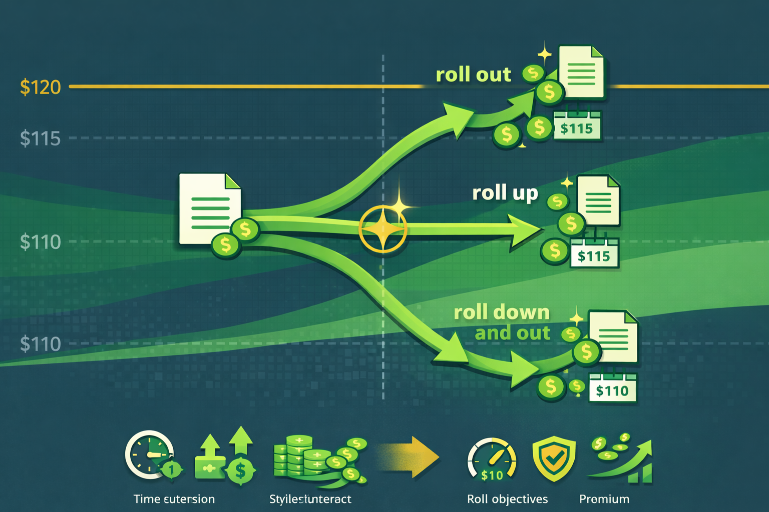 Strategic rolling movements showing time, strike, and premium adjustments in WSY green palette