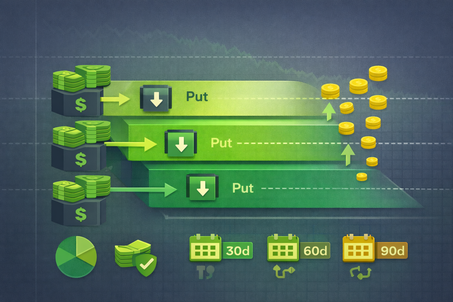 Minimalist illustration showing layered put contracts at different strike prices in WSY green palette