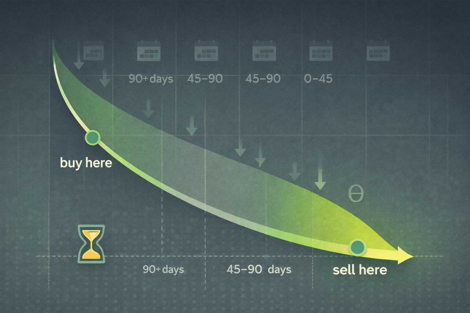 Minimalist flat illustration showing time decay curves with optimal capture zones in WSY green palette