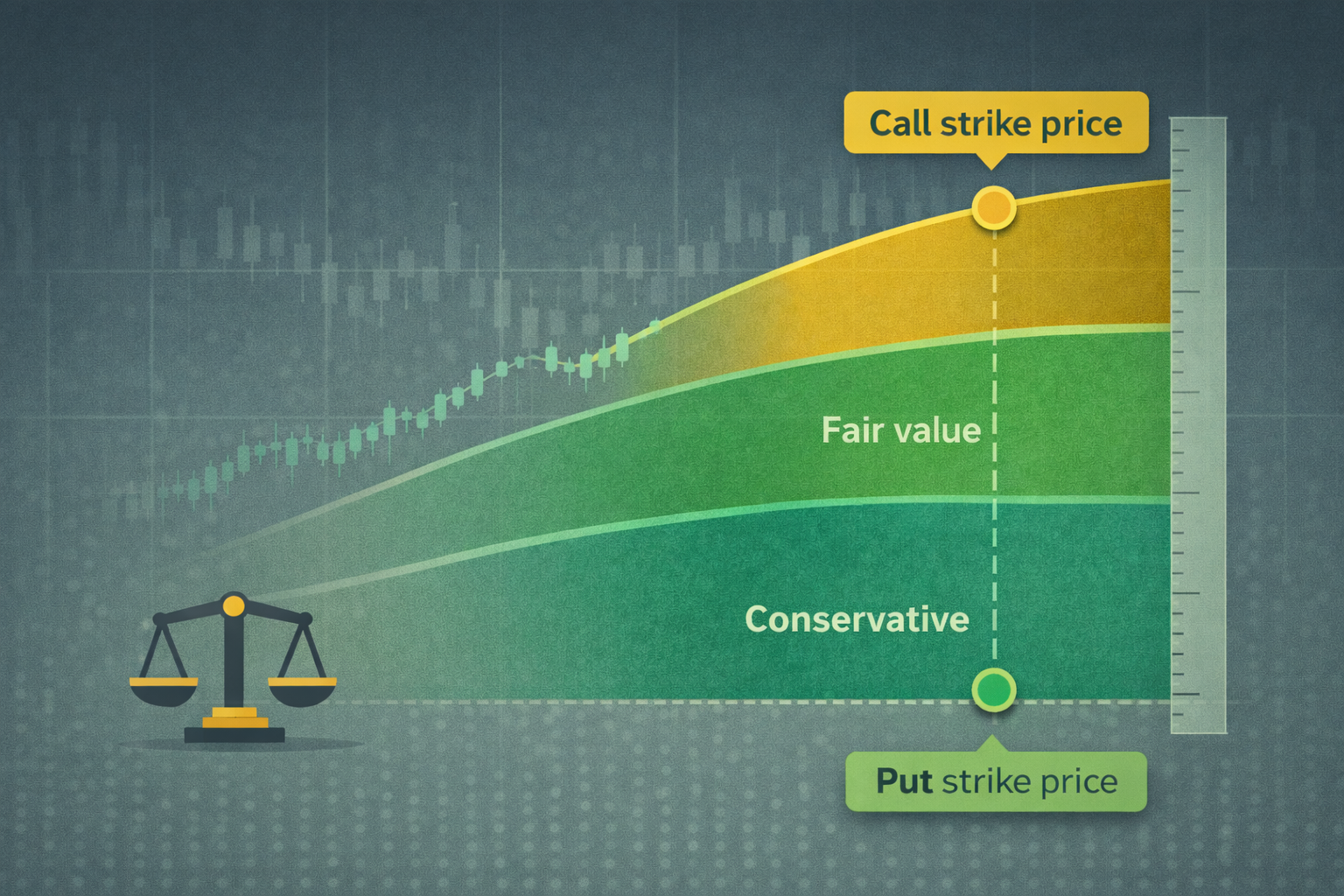 Minimalist flat illustration showing price bands with option strikes aligned to intrinsic value zones in WSY green palette