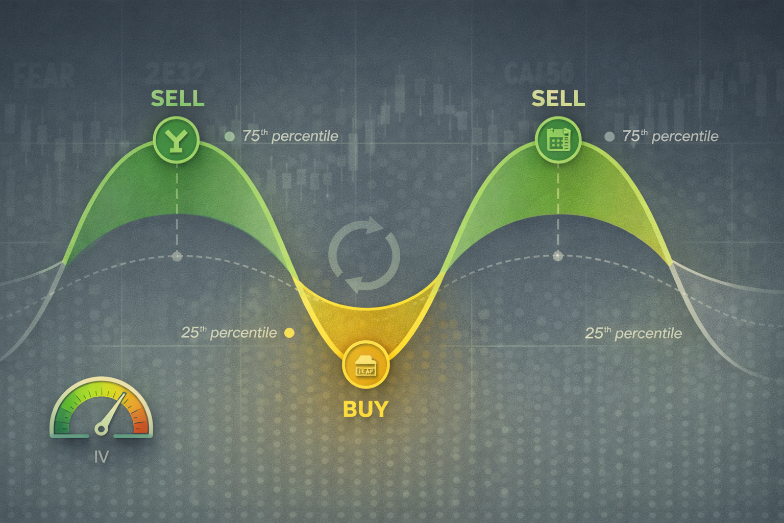 Minimalist flat illustration showing volatility waves with strategy adjustments at peaks and troughs in WSY green palette
