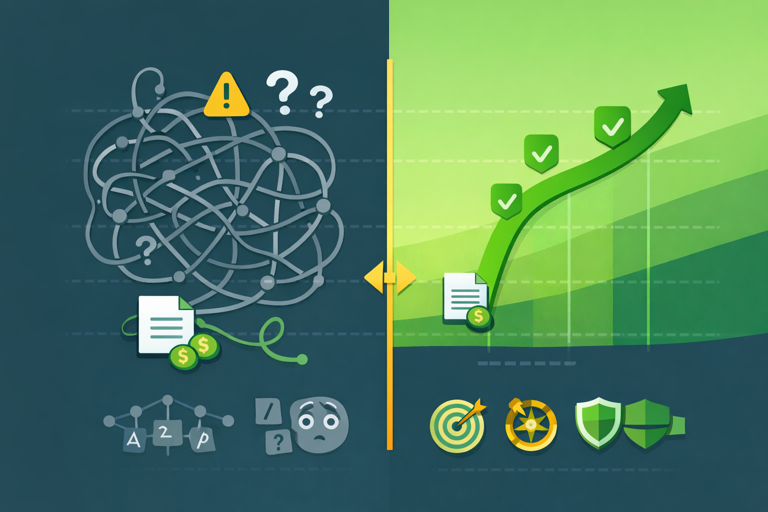 Minimalist comparison of simple versus sophisticated investing approaches with clarity indicators in WSY green palette