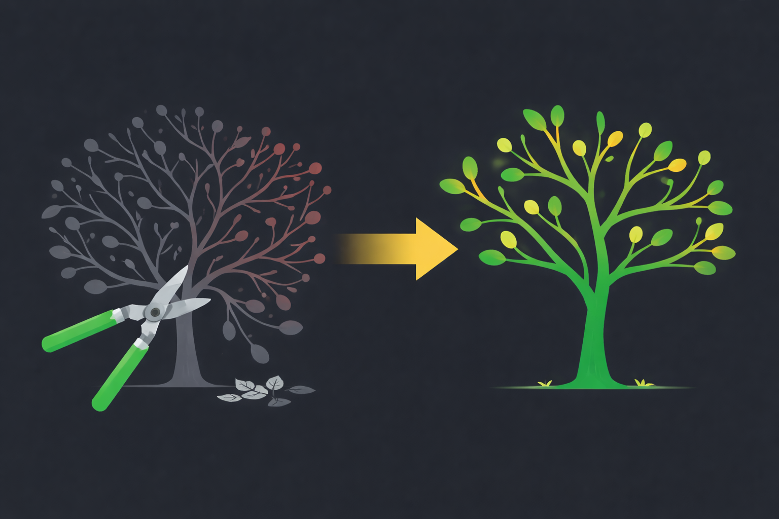 Minimalist illustration showing pruning or streamlining of overlapping structures into clean focused elements in WSY palette