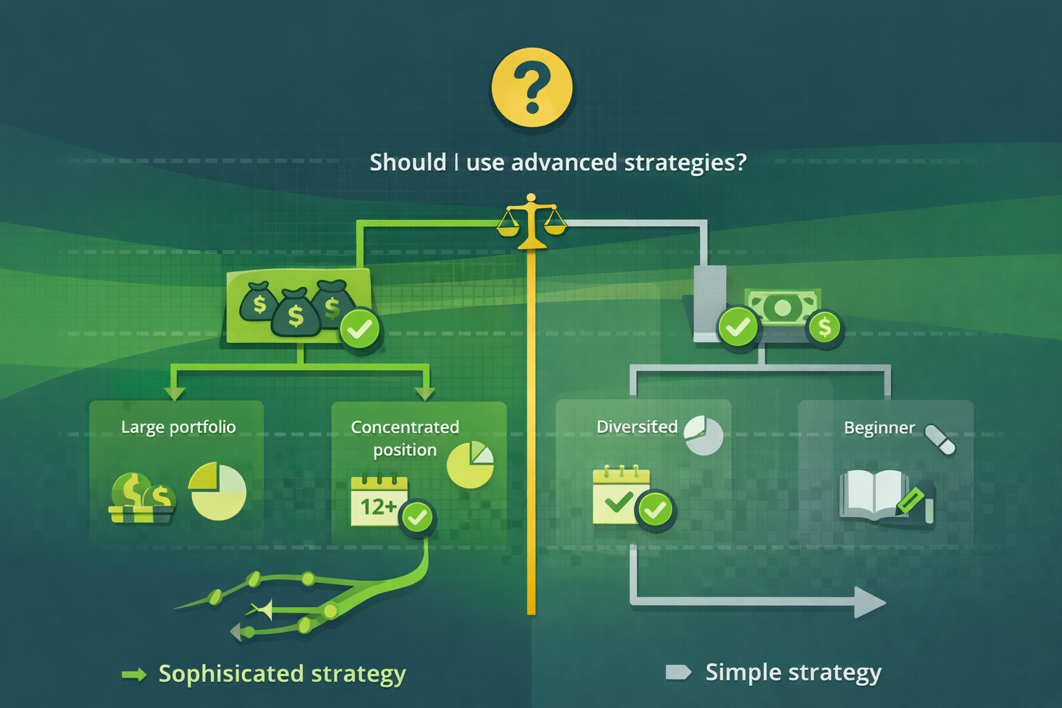 Decision framework showing clear signals for when to use advanced options strategies in WSY green palette