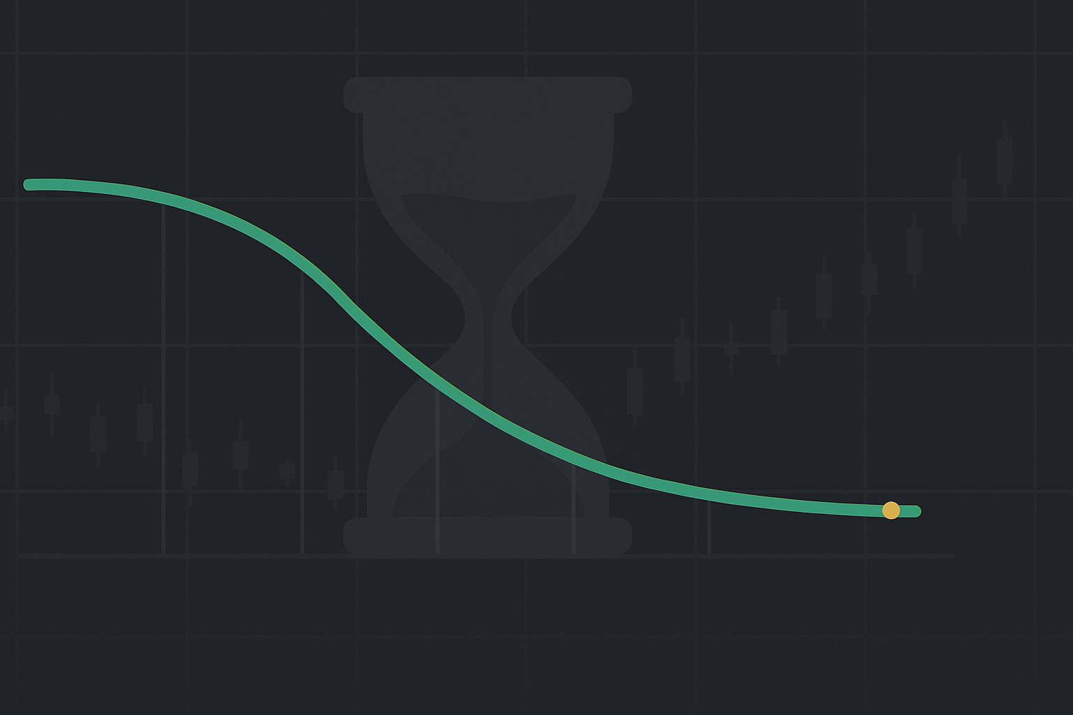 Minimalist illustration showing time decay curve for LEAPS versus short-term options in WSY green and gold palette