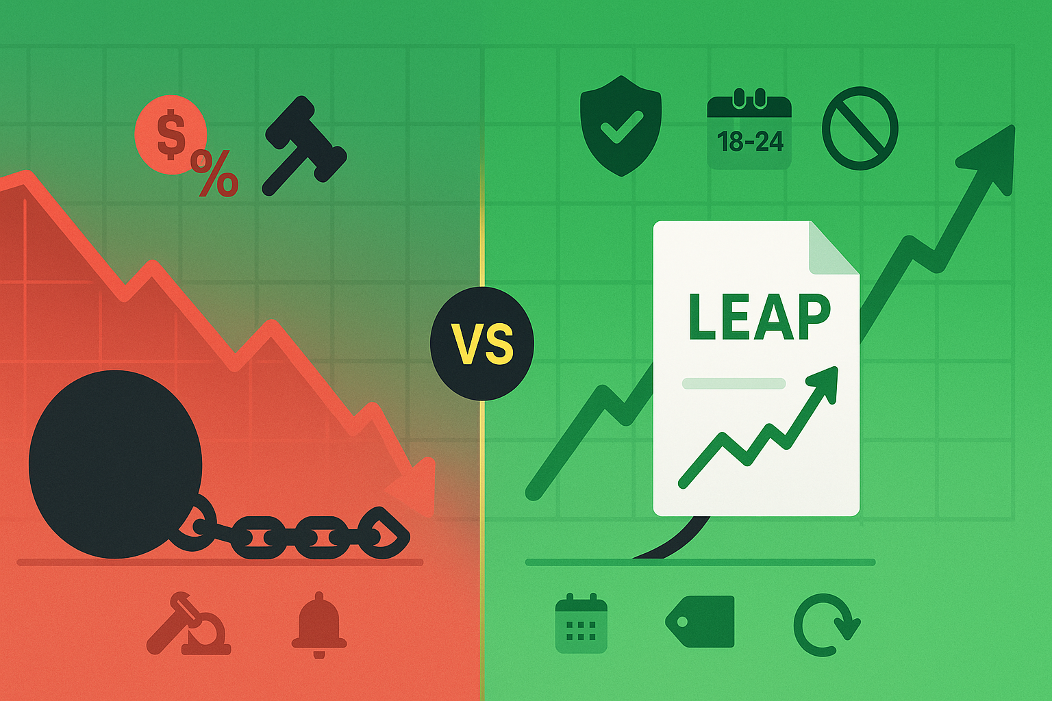 Minimalist comparison showing LEAPS versus margin debt with safety indicators in WSY green palette
