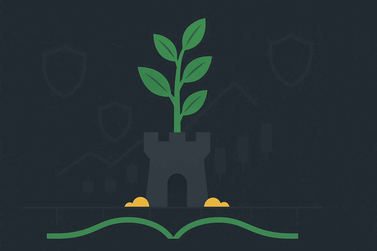Minimalist illustration showing a fortress-like structure representing business quality with a growing plant or upward arrow in WSY green palette