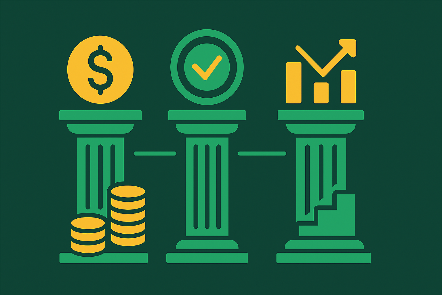 Minimalist illustration showing three pillars of benefits with income, discipline, and entry icons in WSY green palette