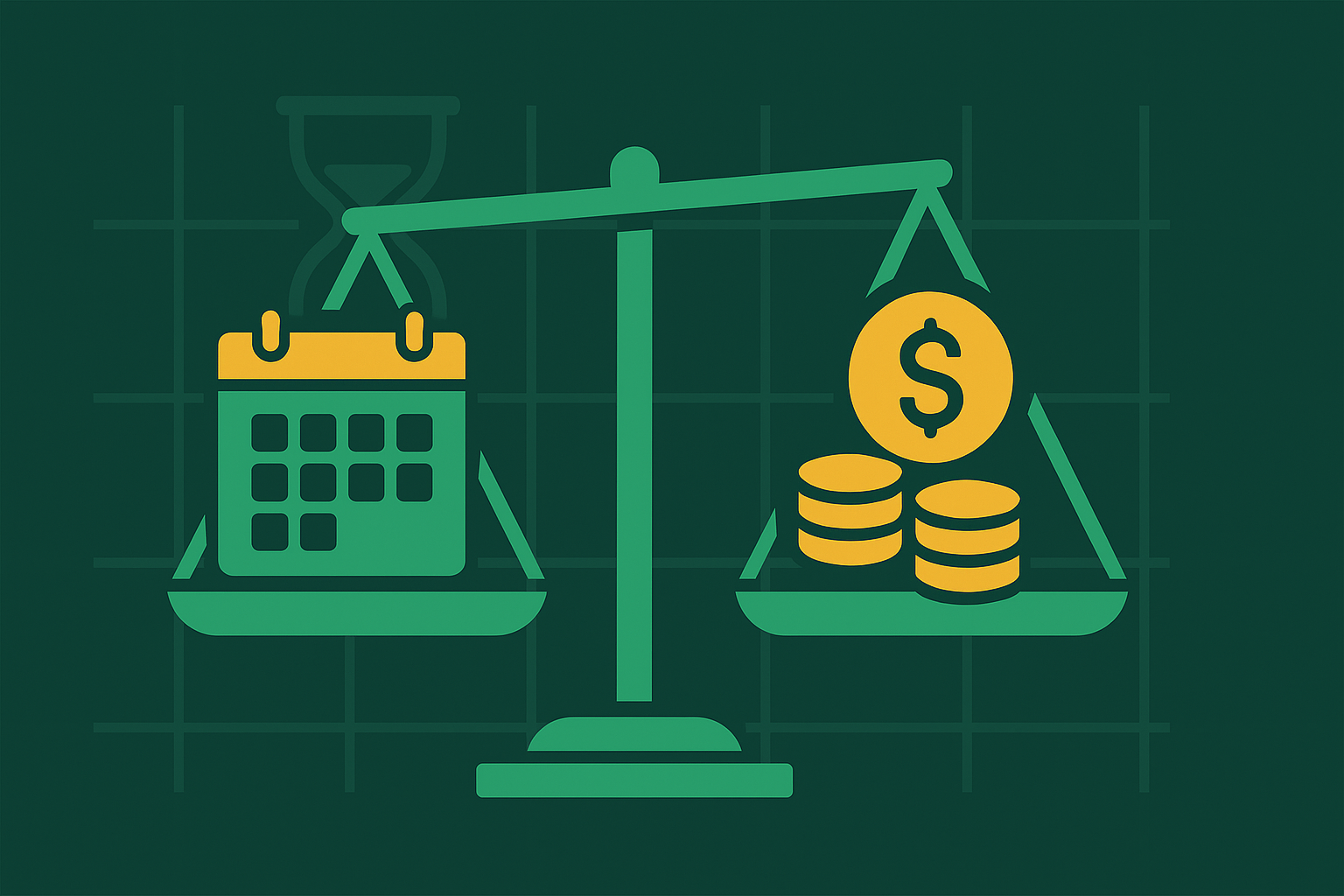 Minimalist illustration showing time horizon balance with calendar and risk-reward scales in WSY green palette