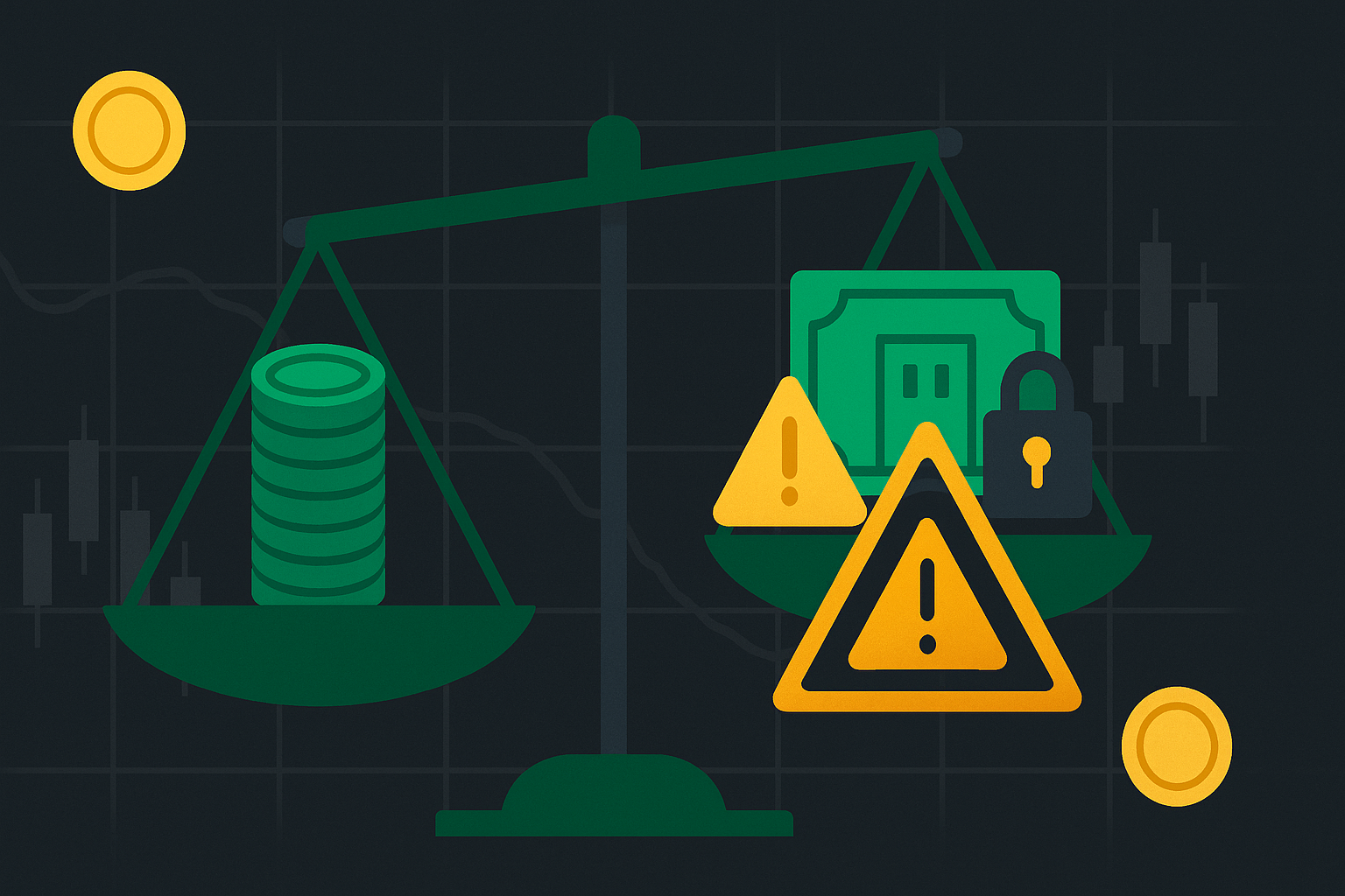 Minimalist illustration showing balanced scales with cash on one side and risk symbols on the other in WSY green and gold palette