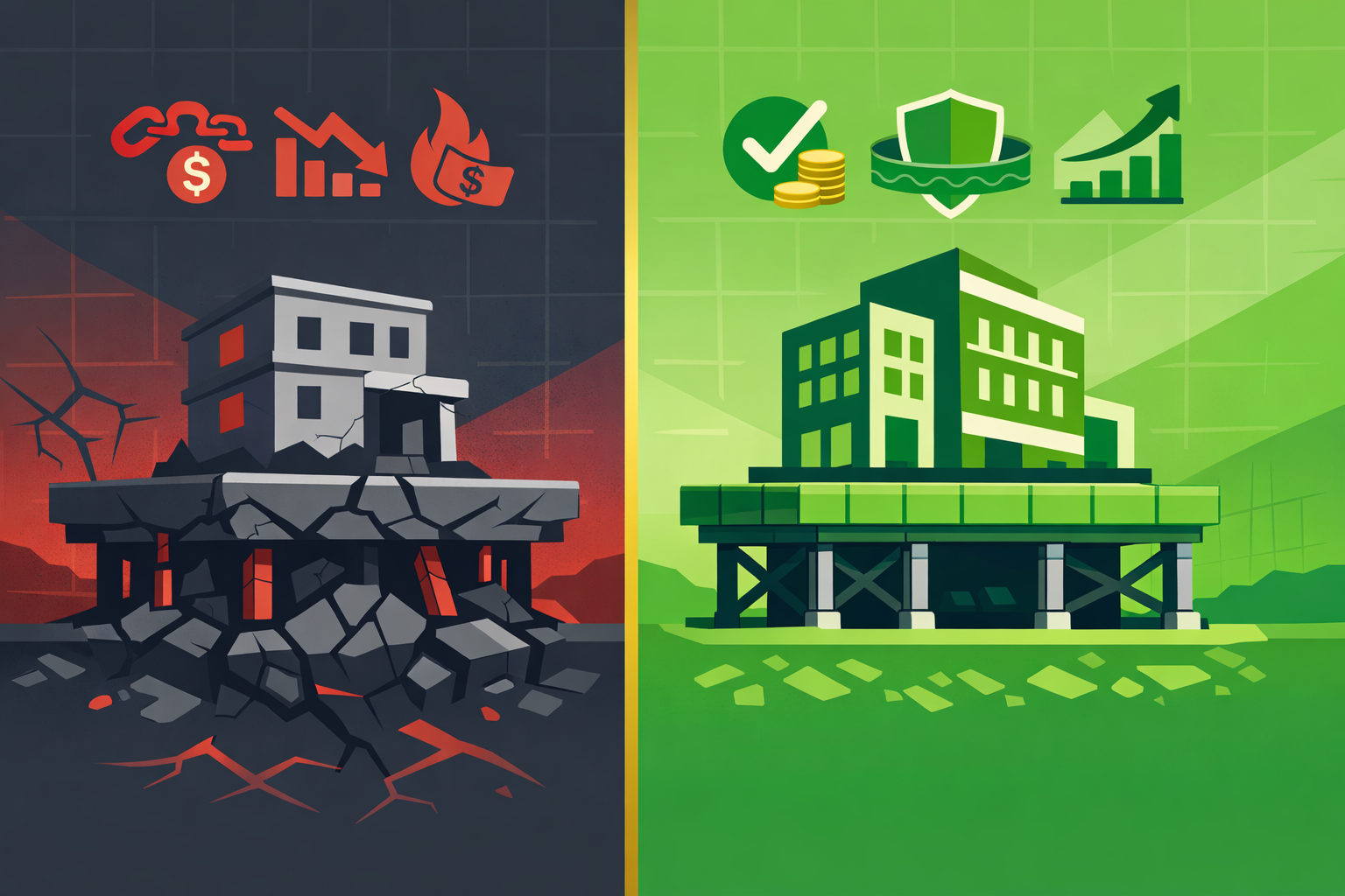Minimalist illustration showing contrast between quality business foundation and deteriorating company structure in WSY green and red palette