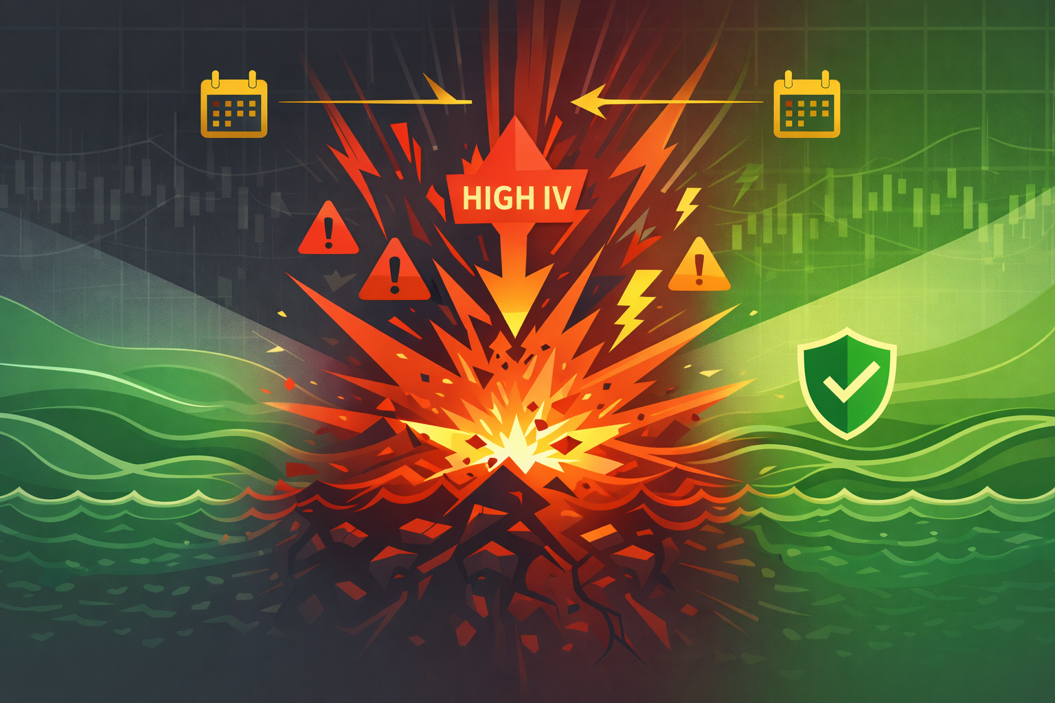 Minimalist illustration showing explosive volatility burst during earnings with warning indicators in WSY red and calm protected period after in WSY green