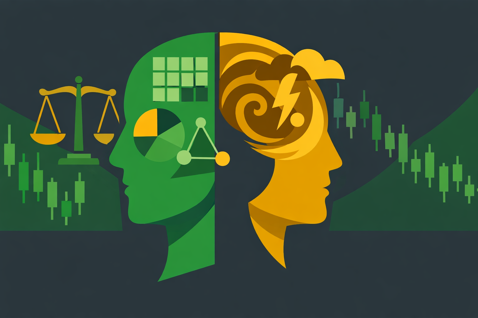 Minimalist illustration showing emotional control versus impulsive decisions in investing