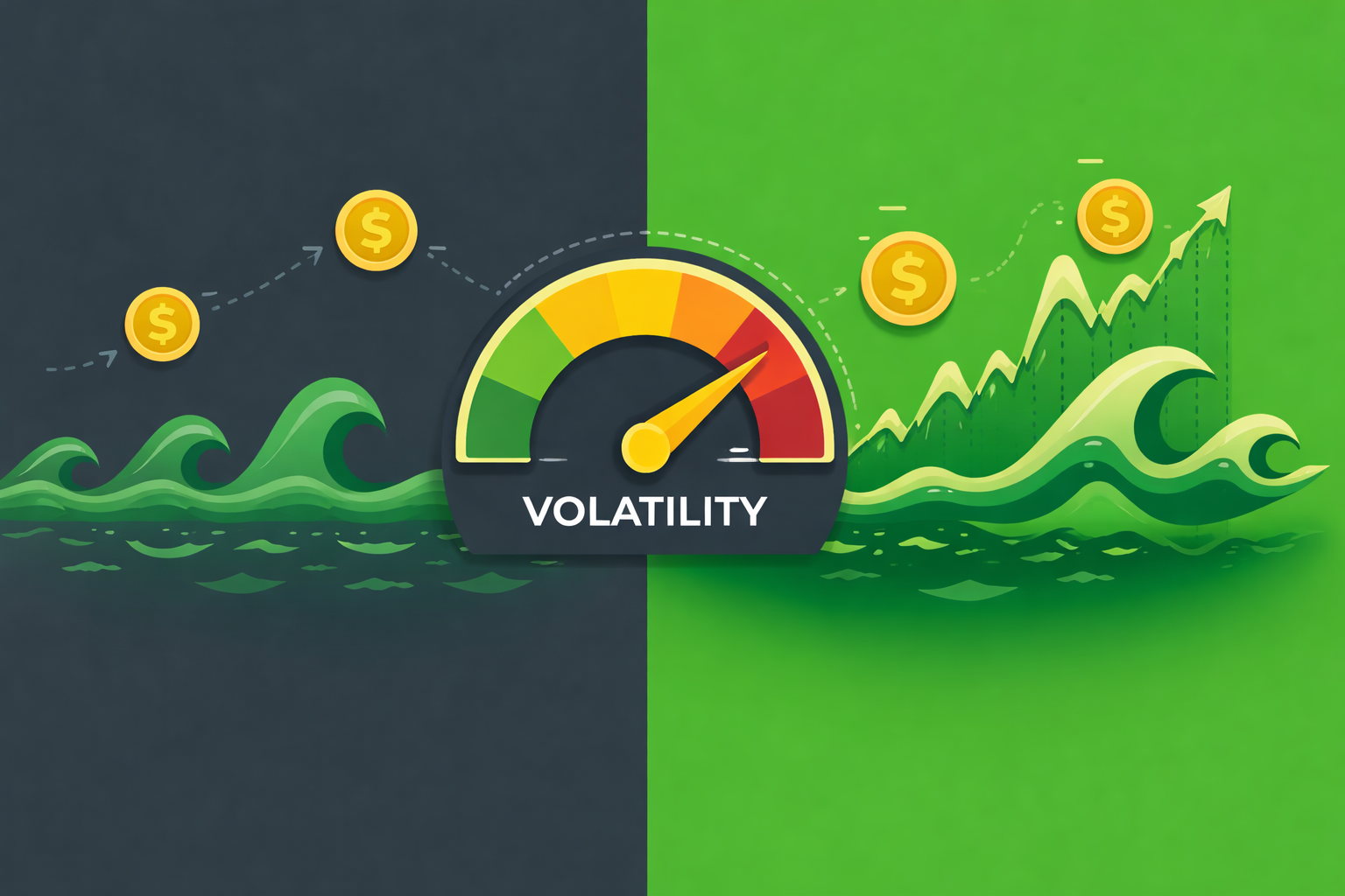 Minimalist illustration showing calm versus chaotic volatility waves with pricing implications in WSY green palette