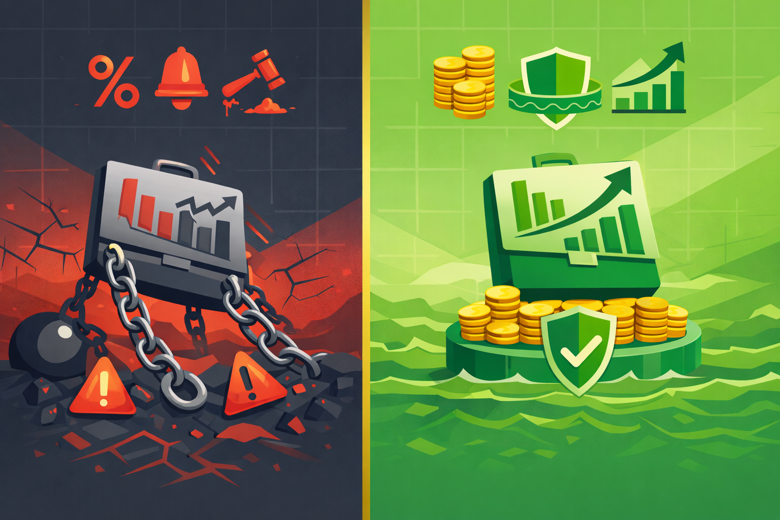 Minimalist illustration showing margin debt as chains pulling down portfolio with warning indicators versus protected equity position in WSY palette