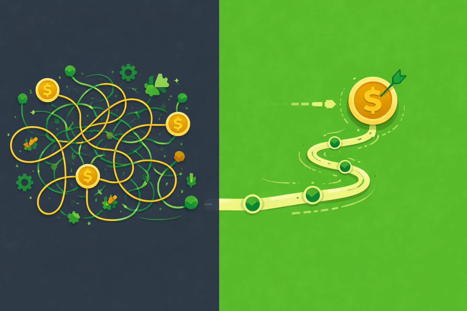 Minimalist illustration contrasting complex entangled structures versus simple clean paths in WSY green palette