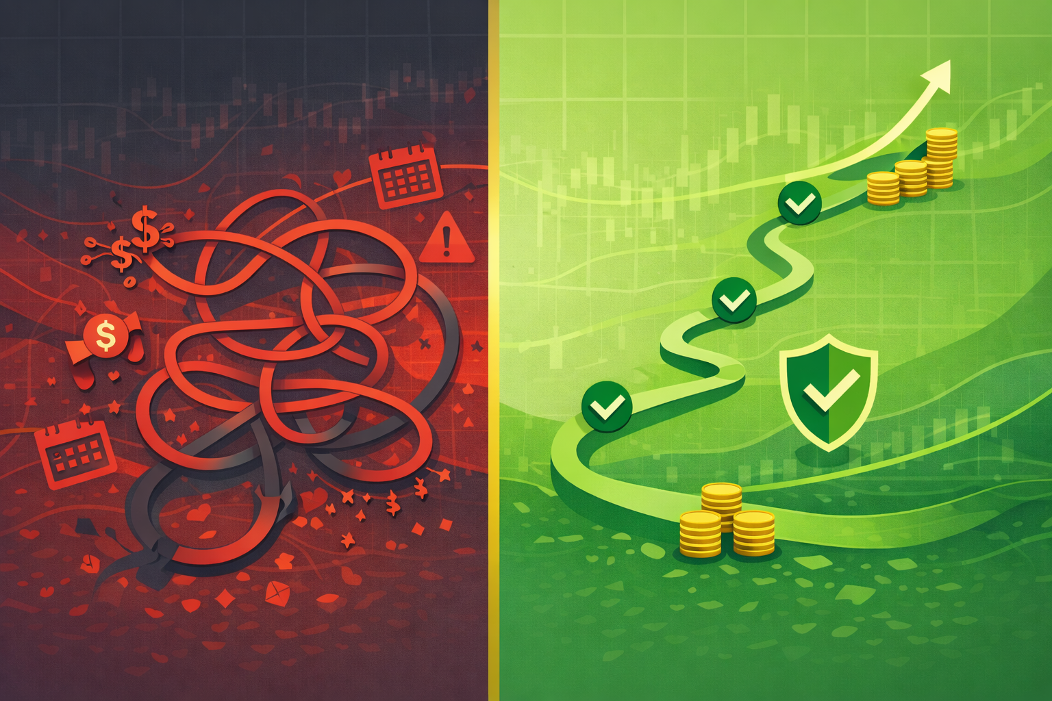 Minimalist illustration showing contrast between calm steady growth path and chaotic overactive trading cycle in WSY palette