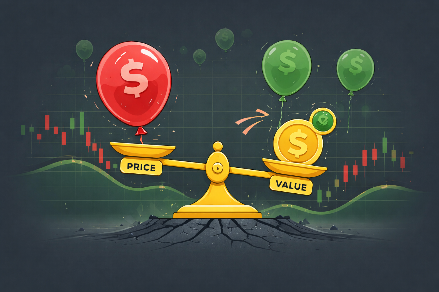 Minimalist illustration showing inflated price bubbles versus declining value foundation in WSY green and red contrast