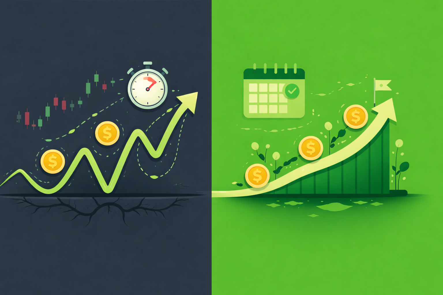Minimalist illustration showing short-term reactive movements versus long-term strategic paths in WSY green palette