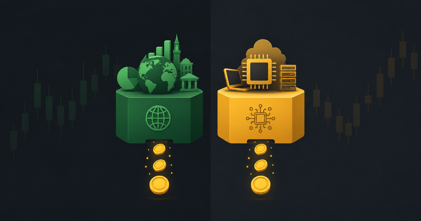 Two side-by-side fund blocks on a split background, one broad market green, one tech-focused gold, with options premium coins flowing from both