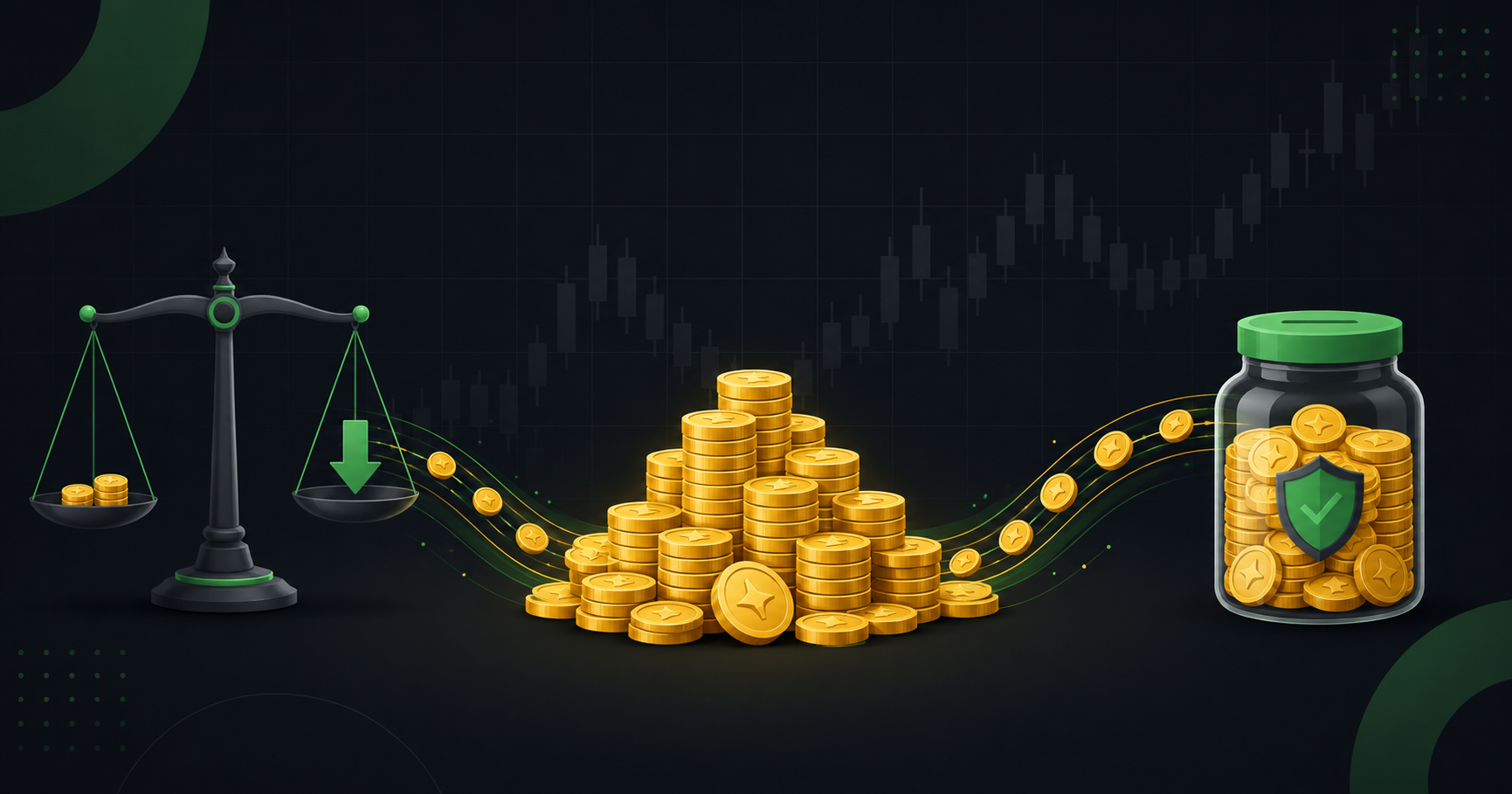 Gold coins splitting into two streams, one labeled as tax, flowing through a balance scale on a dark background
