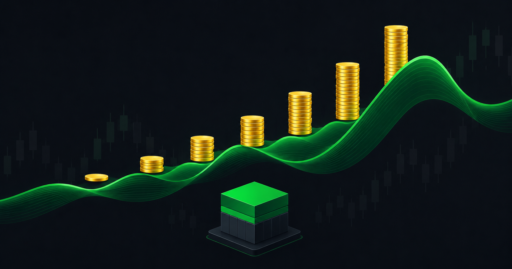 A volatility wave rising and lifting option premium coins above an ETF block, set against a dark background with gold and green accents