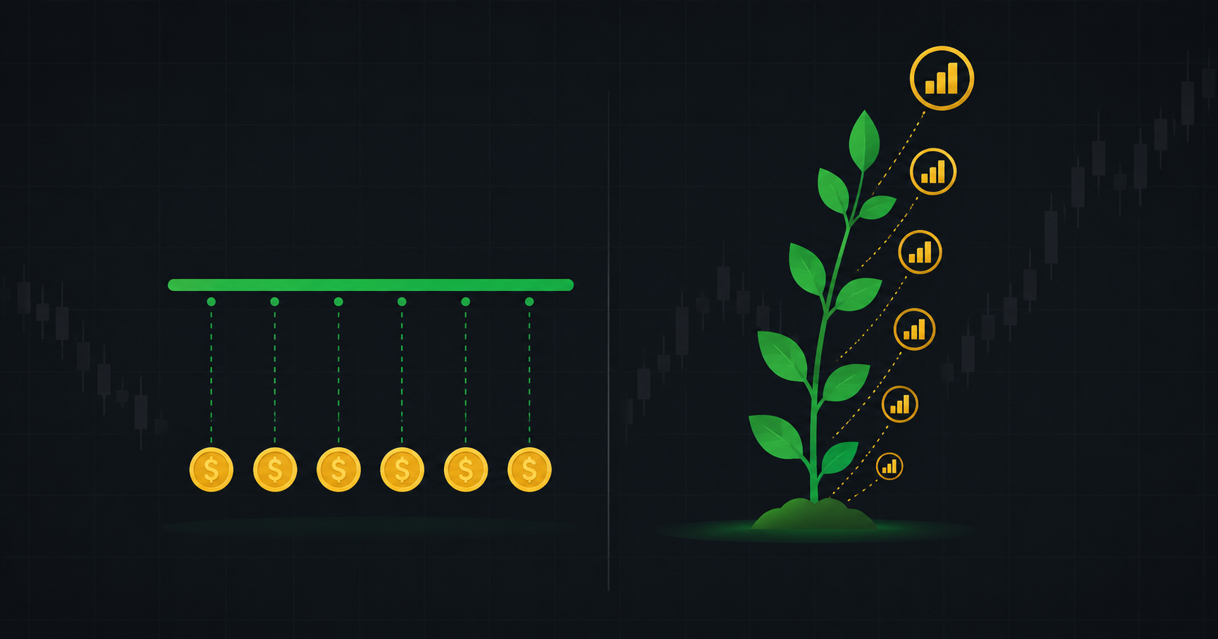 Two balanced paths side by side, one showing a capped income bar and one showing a growing dividend plant, on a dark background