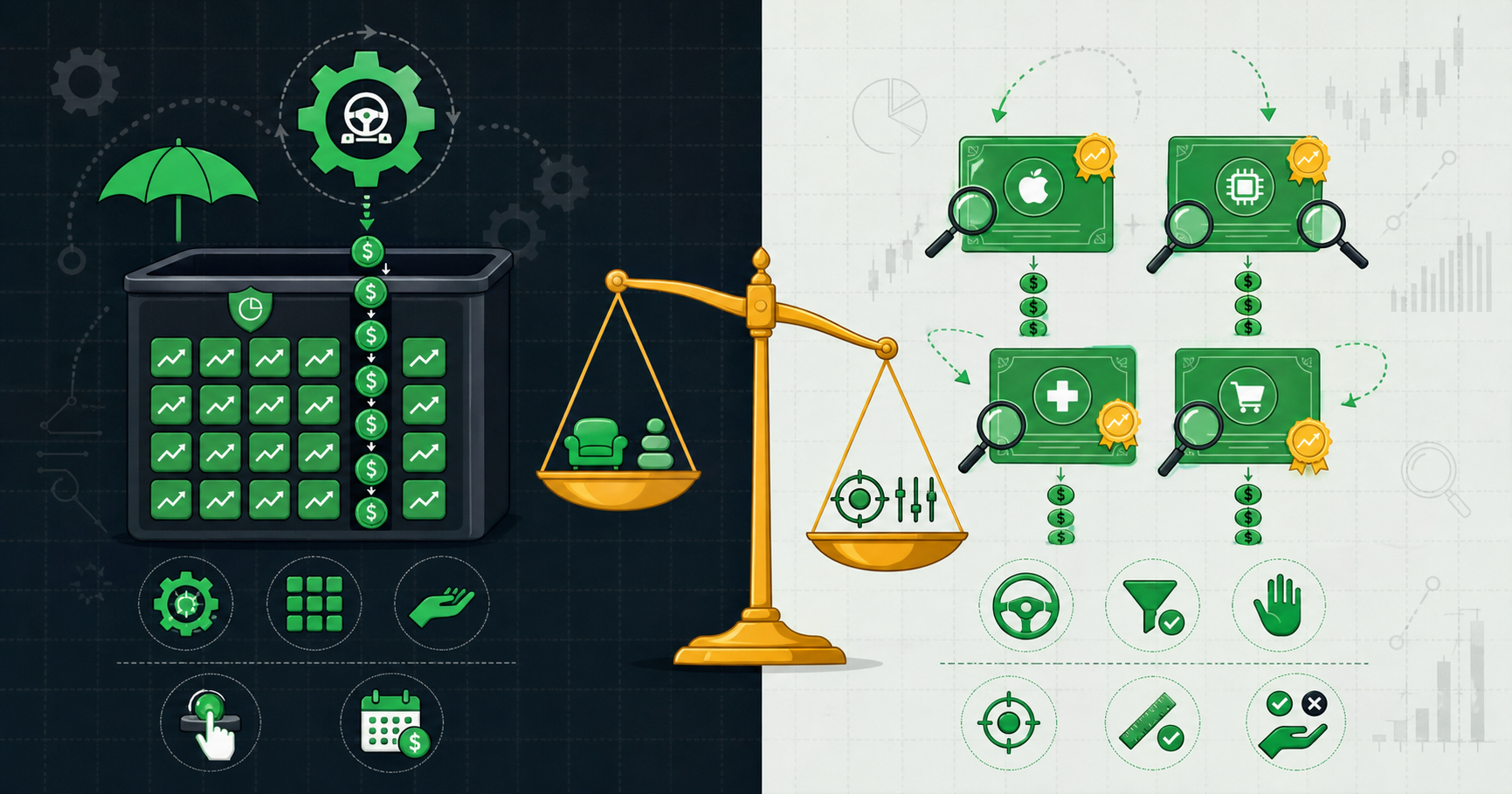 Comparison illustration showing covered-call ETF fund structure versus individual covered-call portfolio management