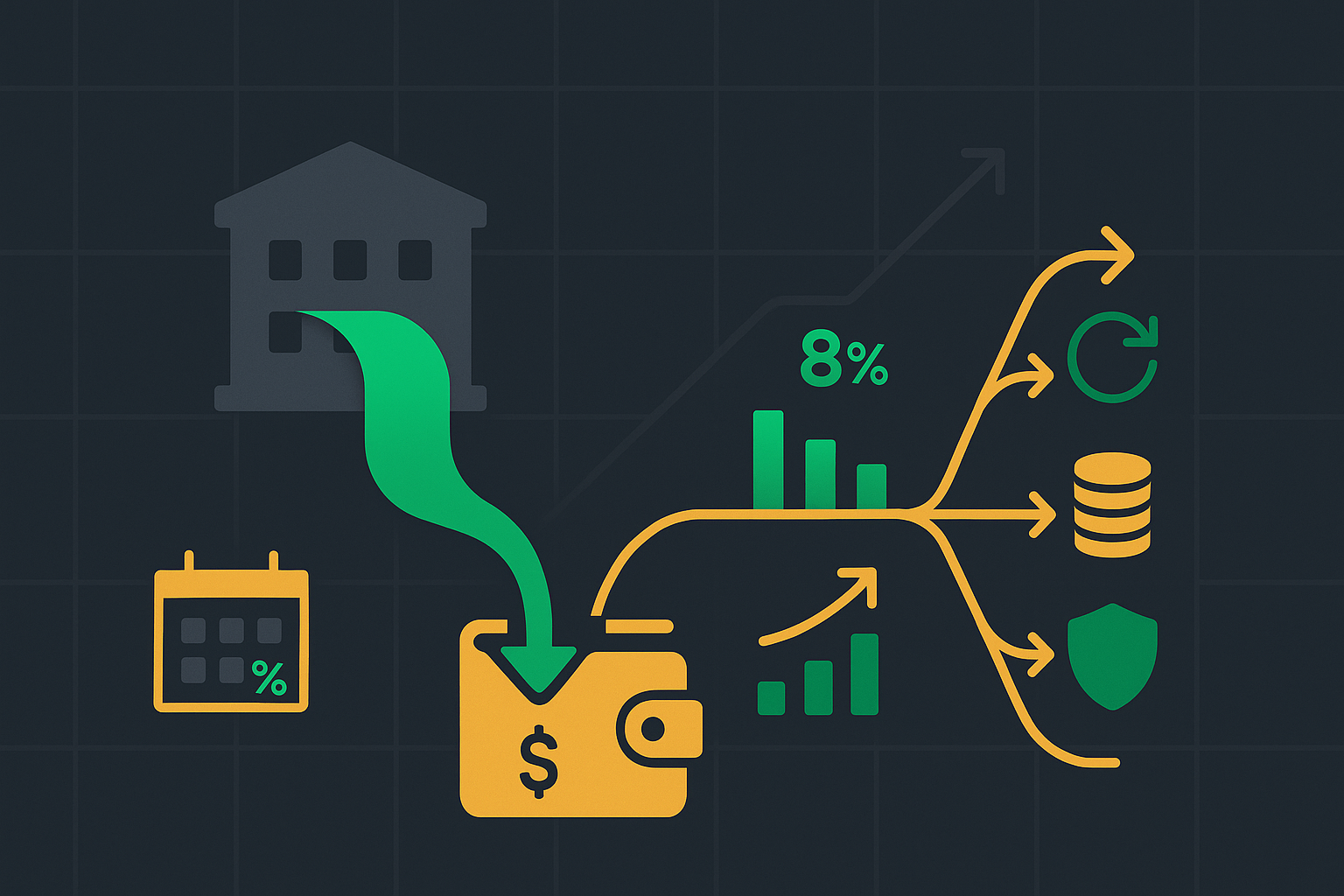 Minimalist illustration showing covered call execution on a value stock with earnings yield focus in WSY green palette