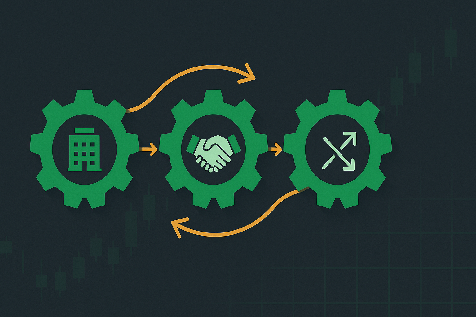 Step-by-step mechanics of covered call strategy with gears and flow chart in WSY green palette