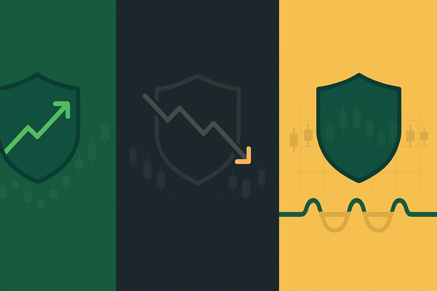 Three market conditions showing covered call performance across bull, bear, and sideways markets in WSY green palette
