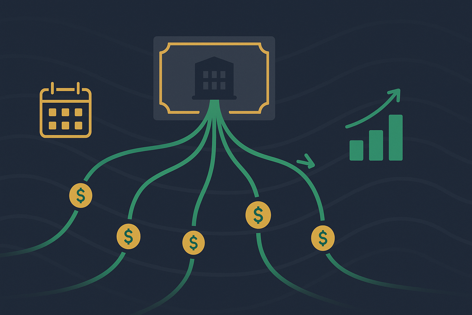 Minimalist illustration showing premium income flowing from covered calls as consistent yield in WSY green palette