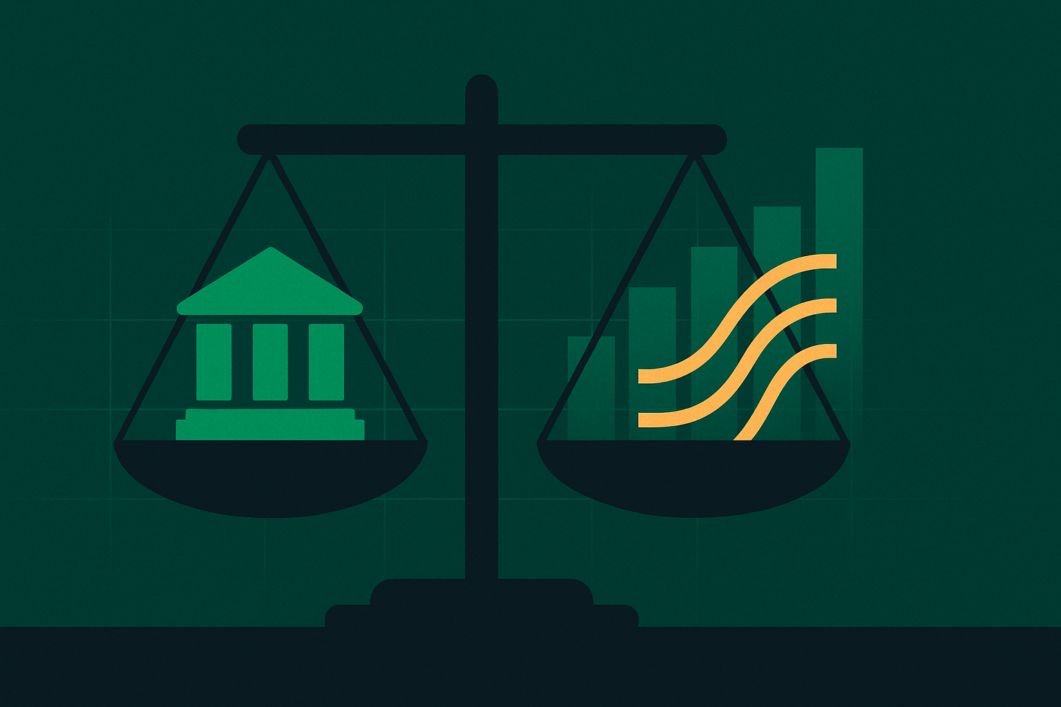 Value investing scales balanced with covered call income streams in WSY green and gold palette