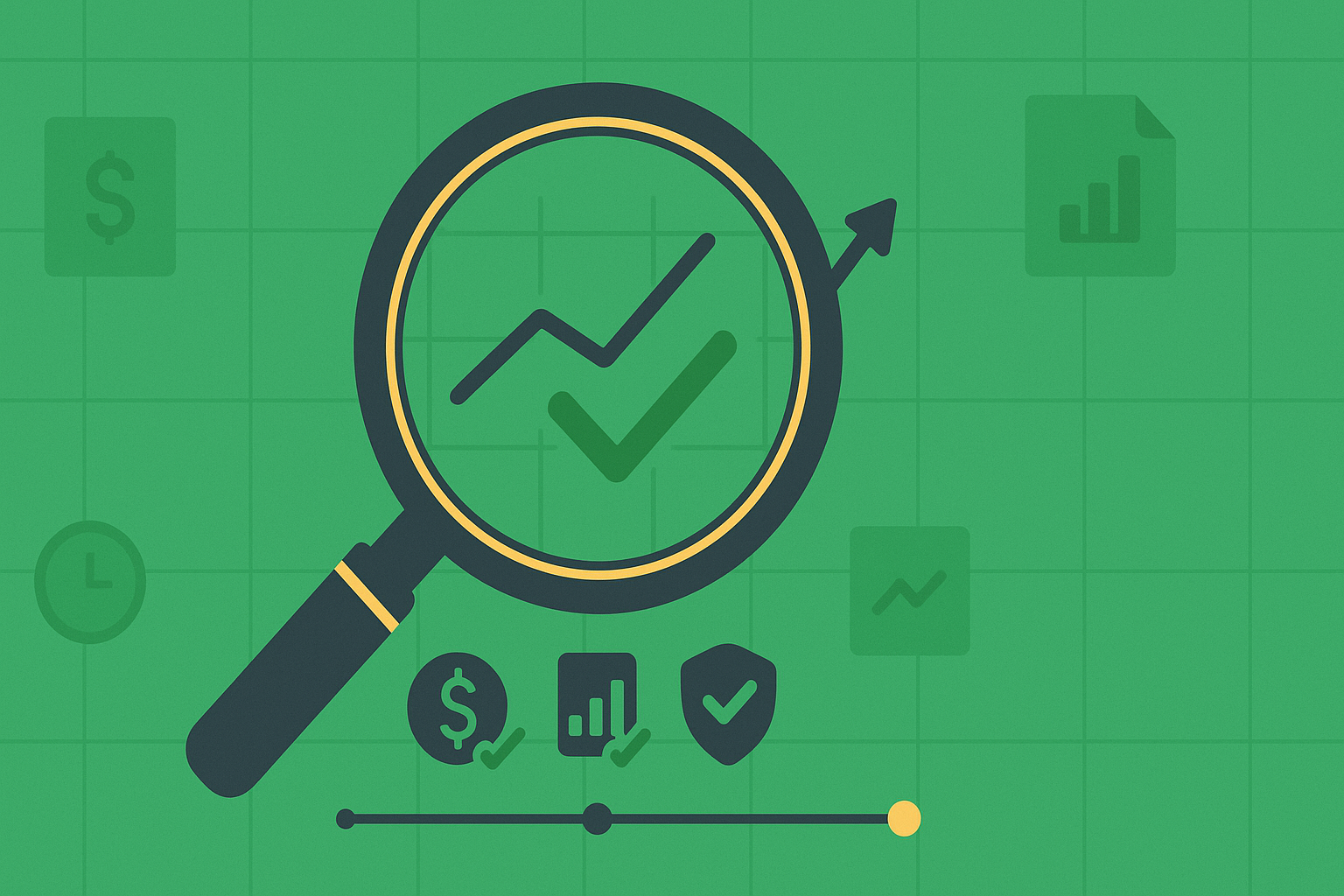 Minimalist illustration showing a magnifying glass examining a stock chart with a checkmark overlay