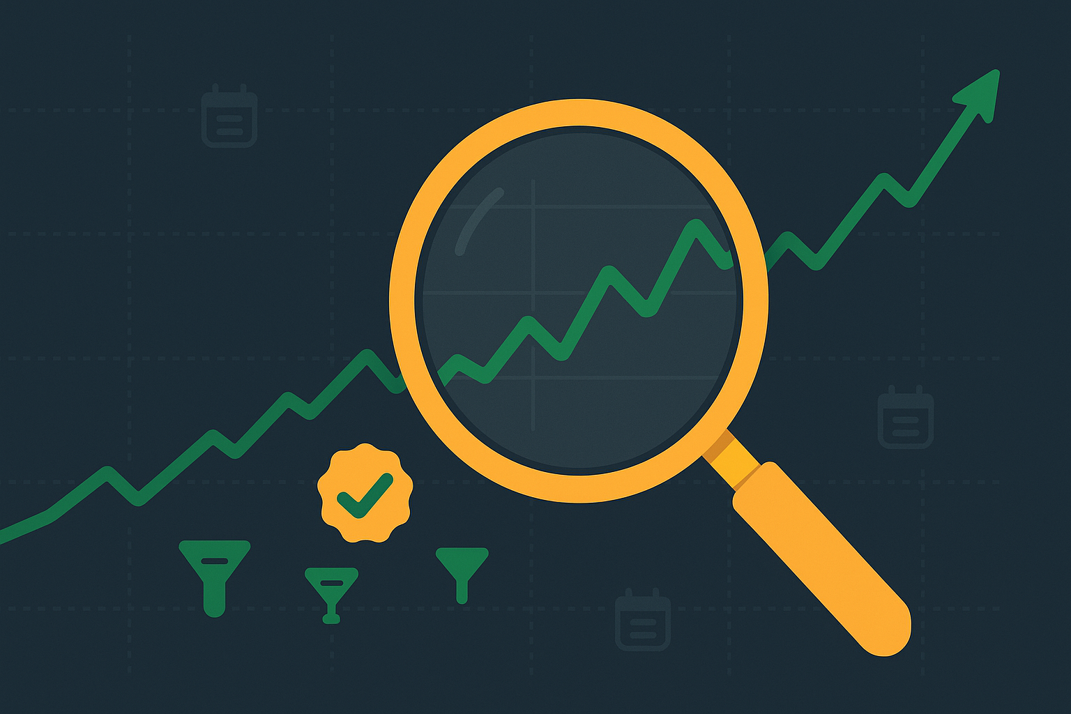 Minimalist illustration of a magnifying glass examining a growth chart with long-term trajectory