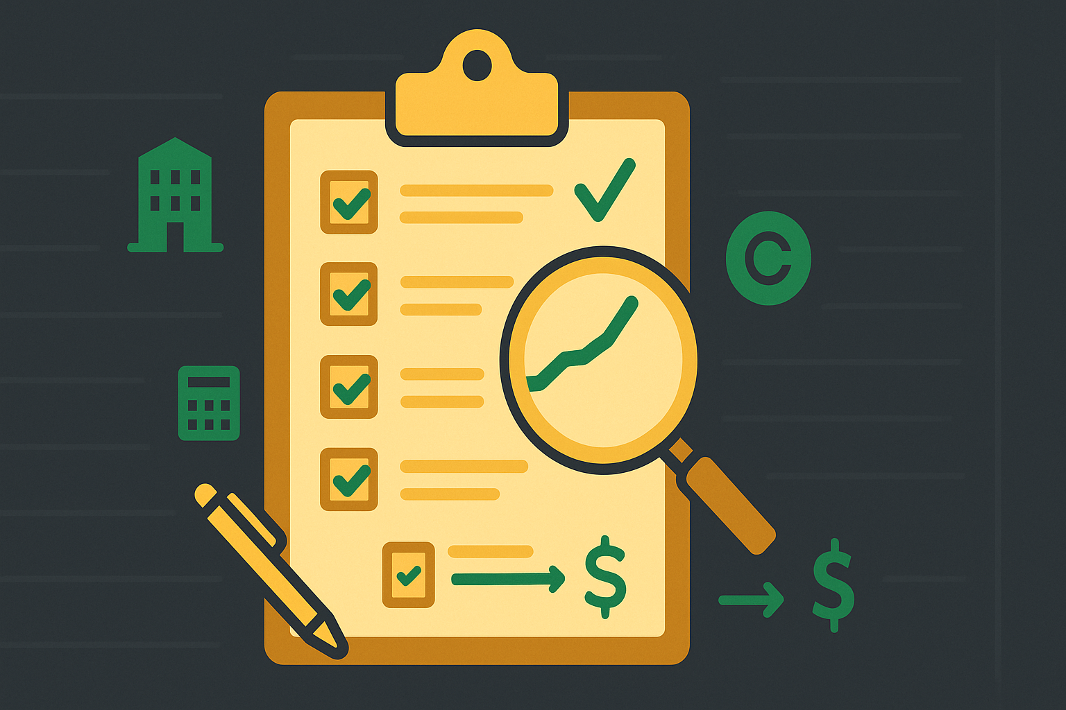 Minimalist illustration of a clipboard with checkboxes and a stock chart