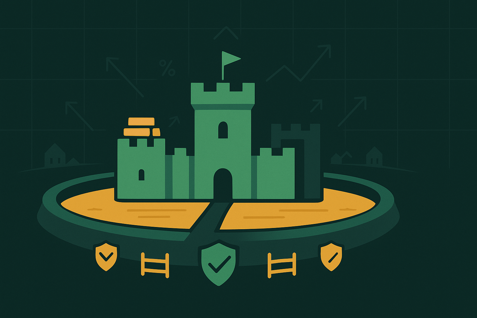 Minimalist illustration showing a castle protected by a moat, representing durable competitive advantages