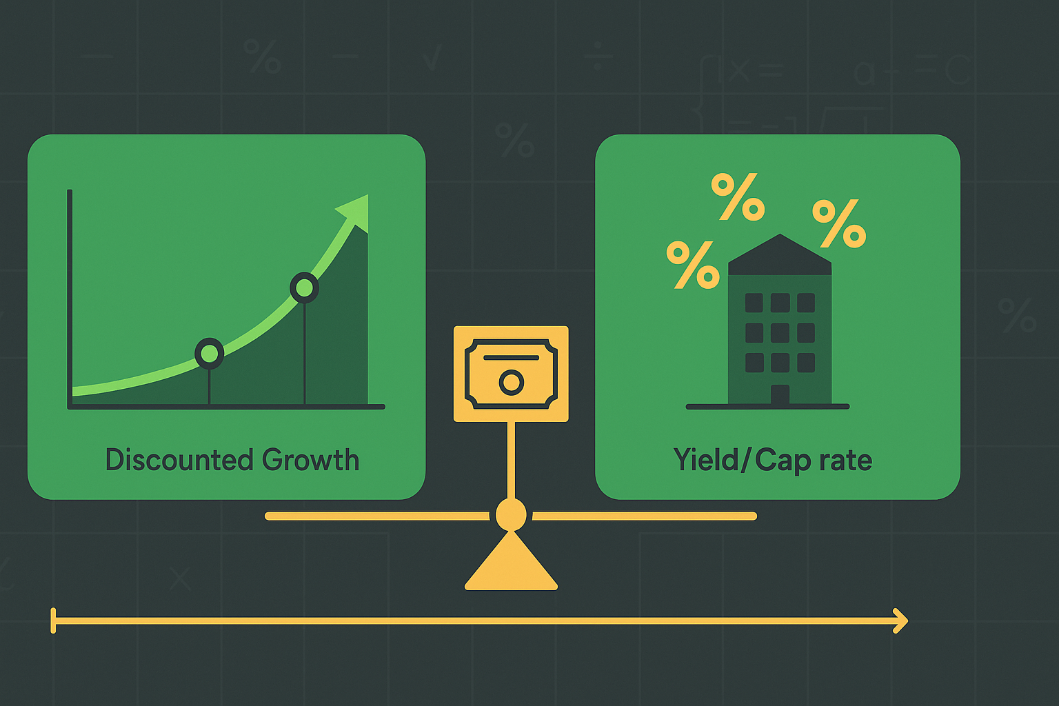 Minimalist illustration showing valuation formulas and growth curves with value calculations