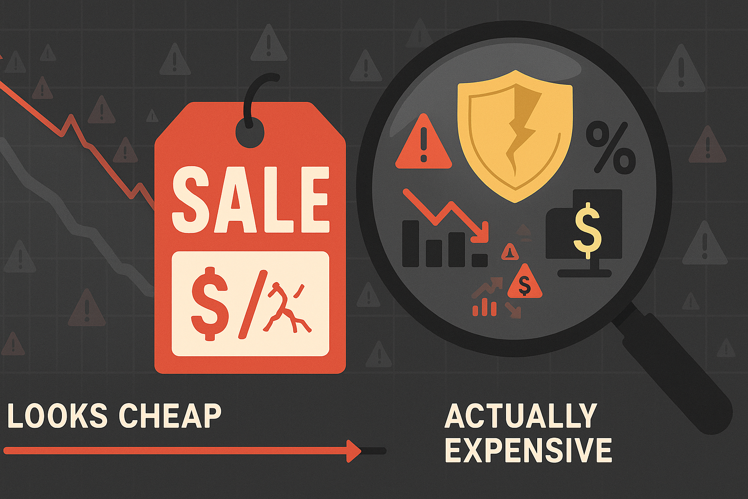 Minimalist illustration showing a deceptive cheap price tag with warning signals and declining fundamentals