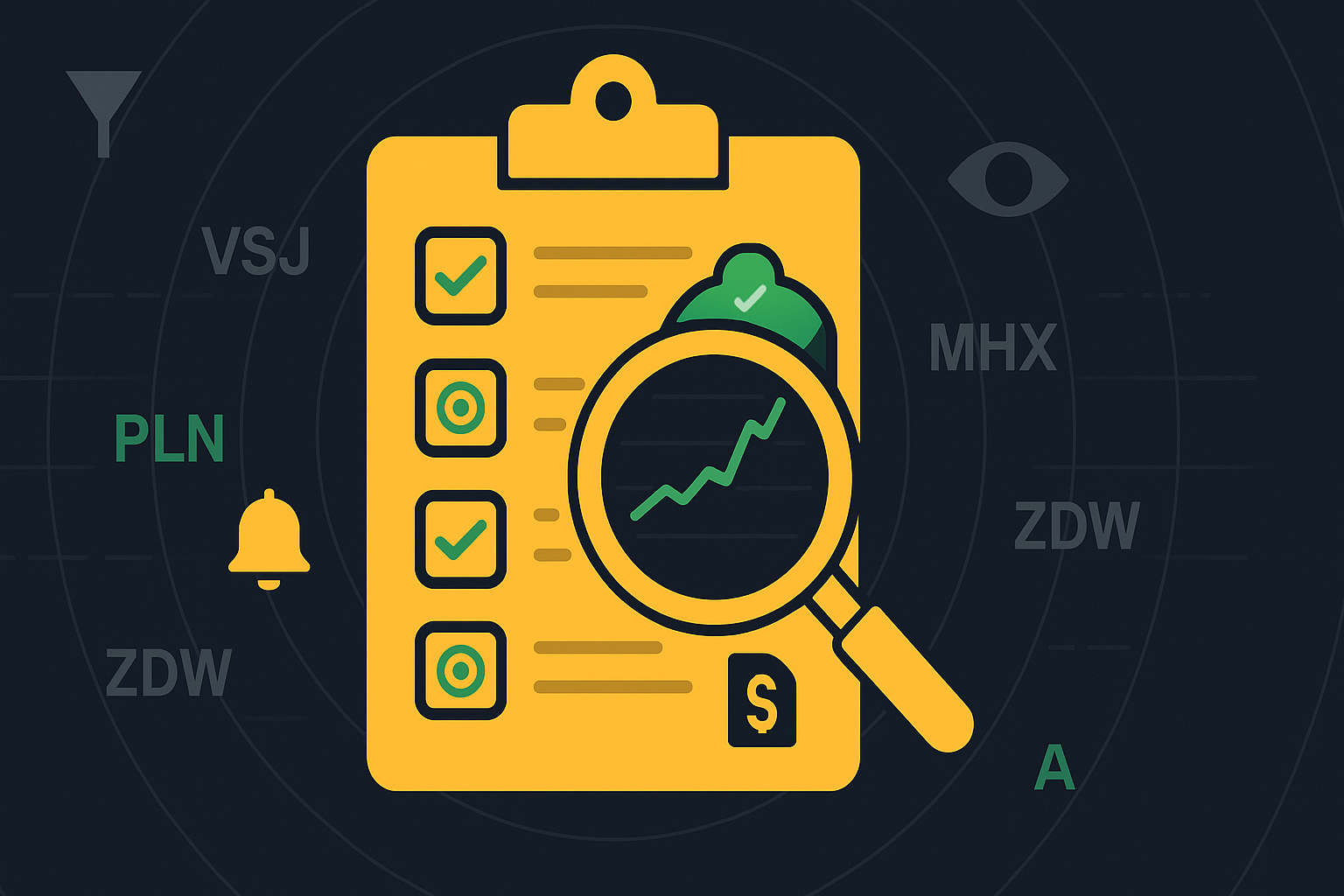 Minimalist illustration of a curated list with stock symbols and checkmarks