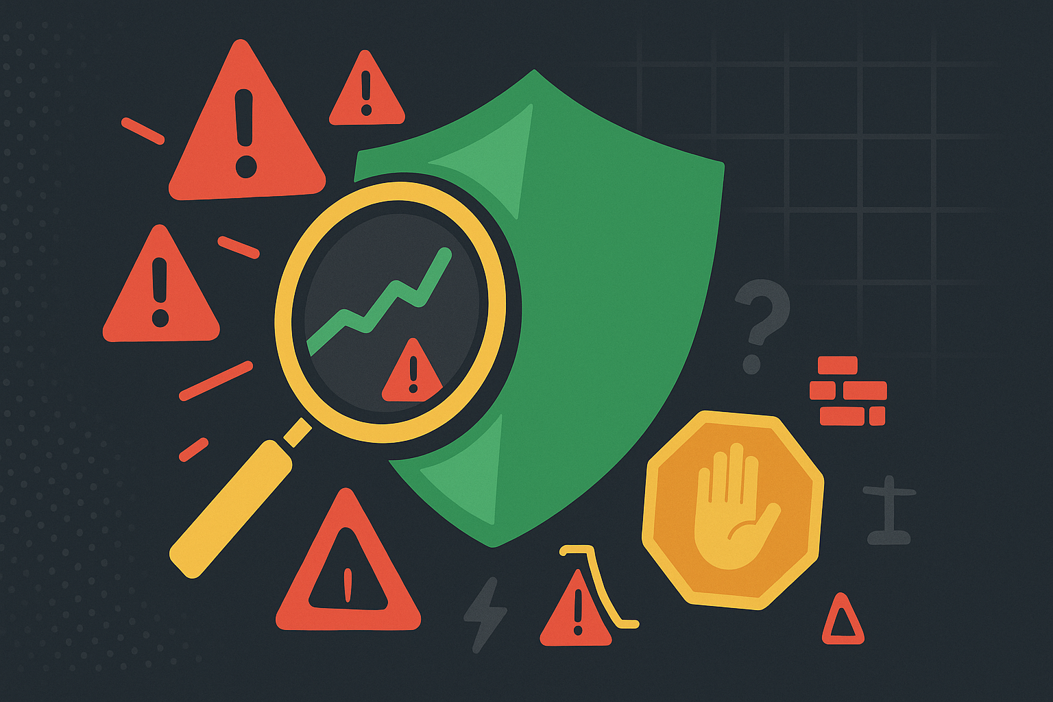 Minimalist illustration of warning signs and red flags around a stock chart
